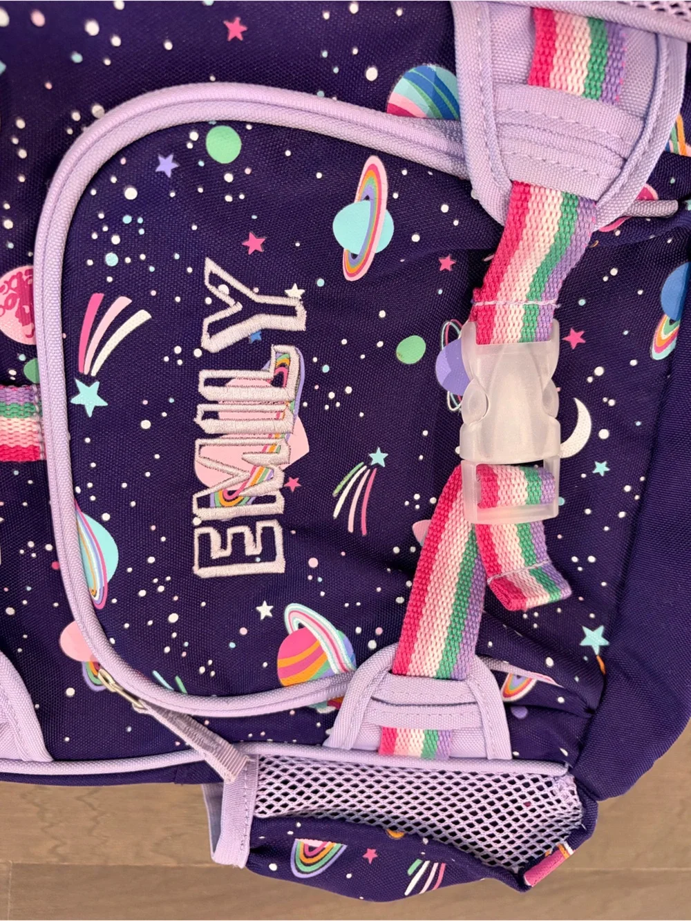 “Emily” SMALL PBK backpack, 15”, purple rainbow heart galaxy. USED